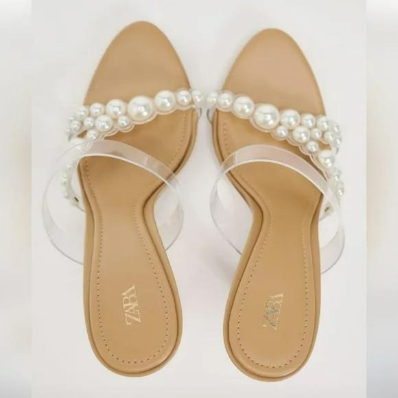 ZARA HEELED VINYL SANDALS WITH FAUX PEARLS - Picture 1 of 6